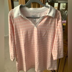 CUTE DENIM & CO 1X PINK AND WHITE STRIPE 3/4 SLEEVE POLO